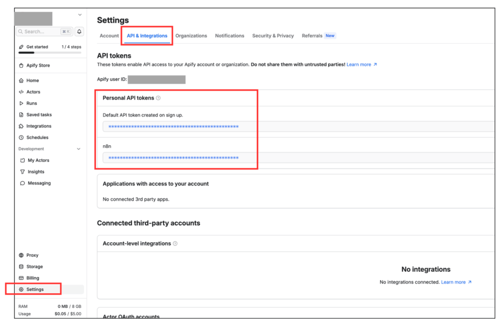 ApifyのAPIキーが取得出来る場所