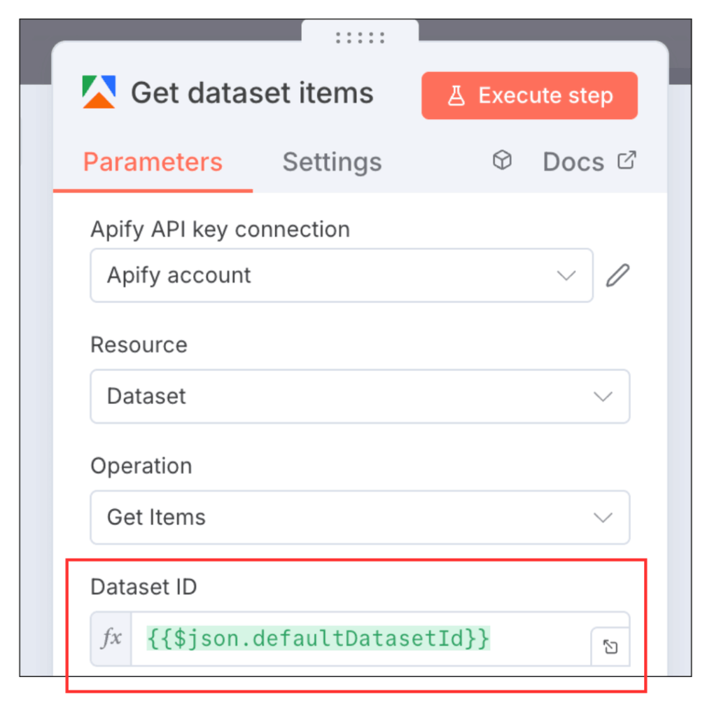 Apifyノードの「Get dataset items」にDataset IDを追加