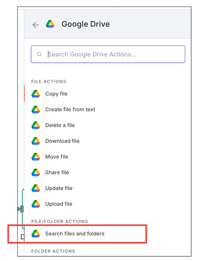 Google Driveノードの「Search files and folders」を追加