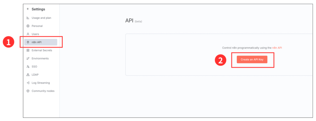 n8nのAPIキーを取得するため「Create an API Key」をクリック