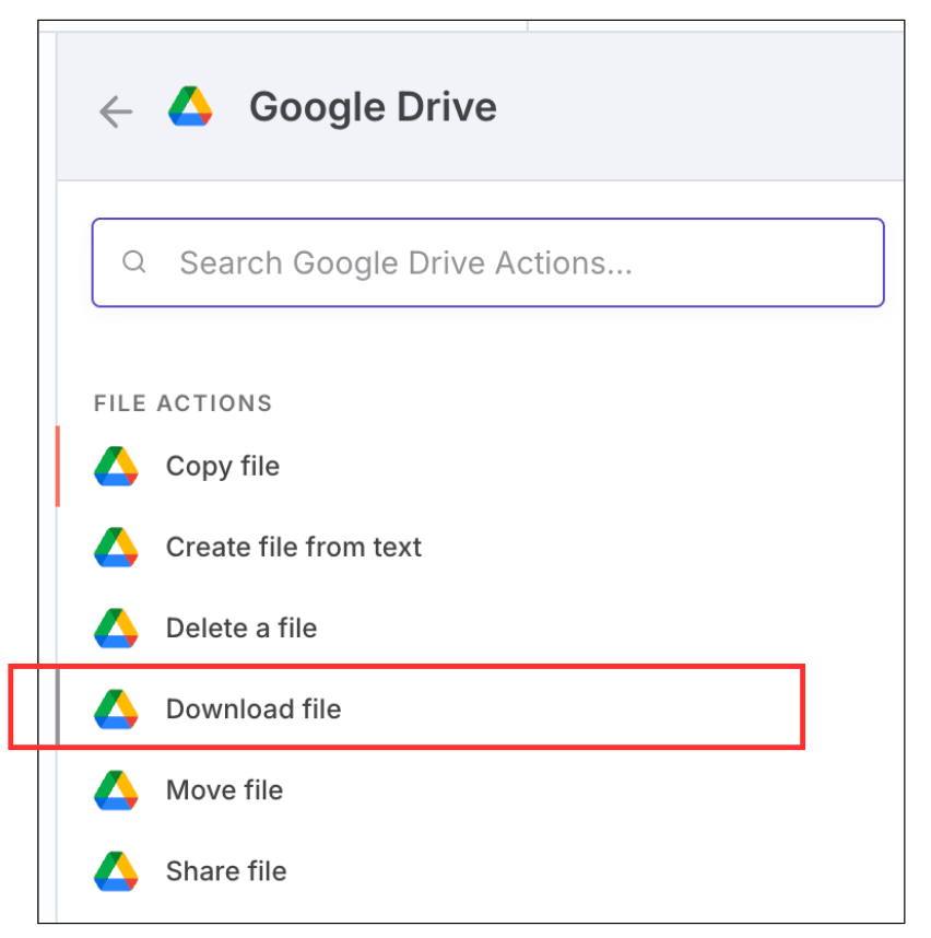 Google Driveノードの「Download file」を追加