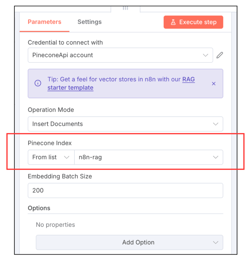 「Pinecone Index」の項目で、Pineconeで作成したIndexを指定