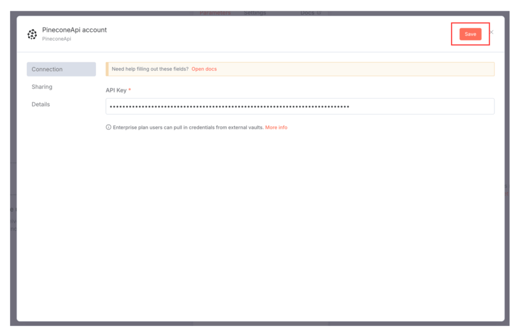 PineconeのAPIキーを入力
