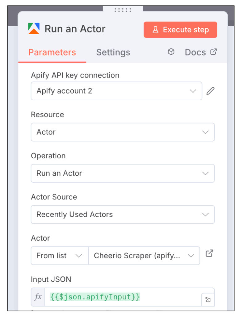 Apifyの「Run an Actor」の設定