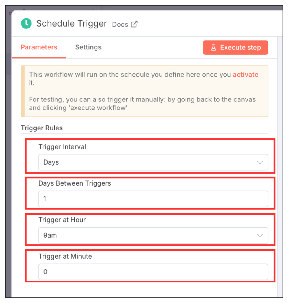 n8nの「Schedule Trigger」の設定項目