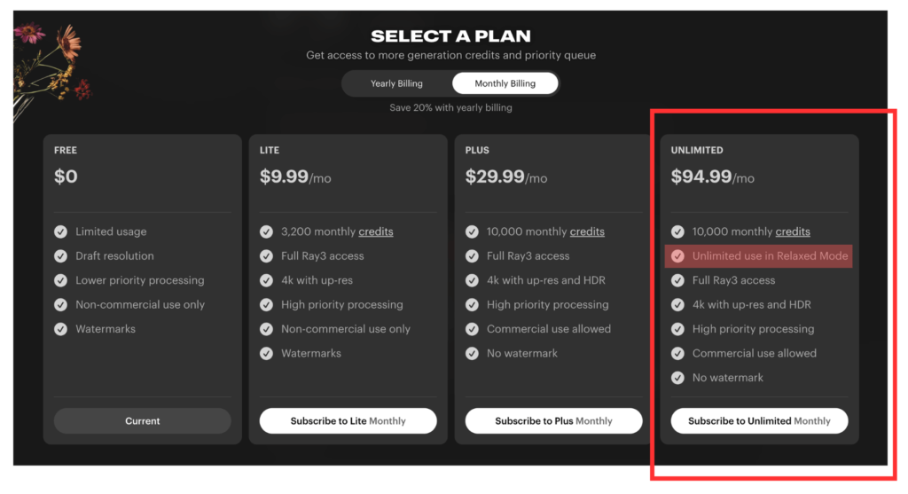 Luma Dream Machineのunlimitedプラン