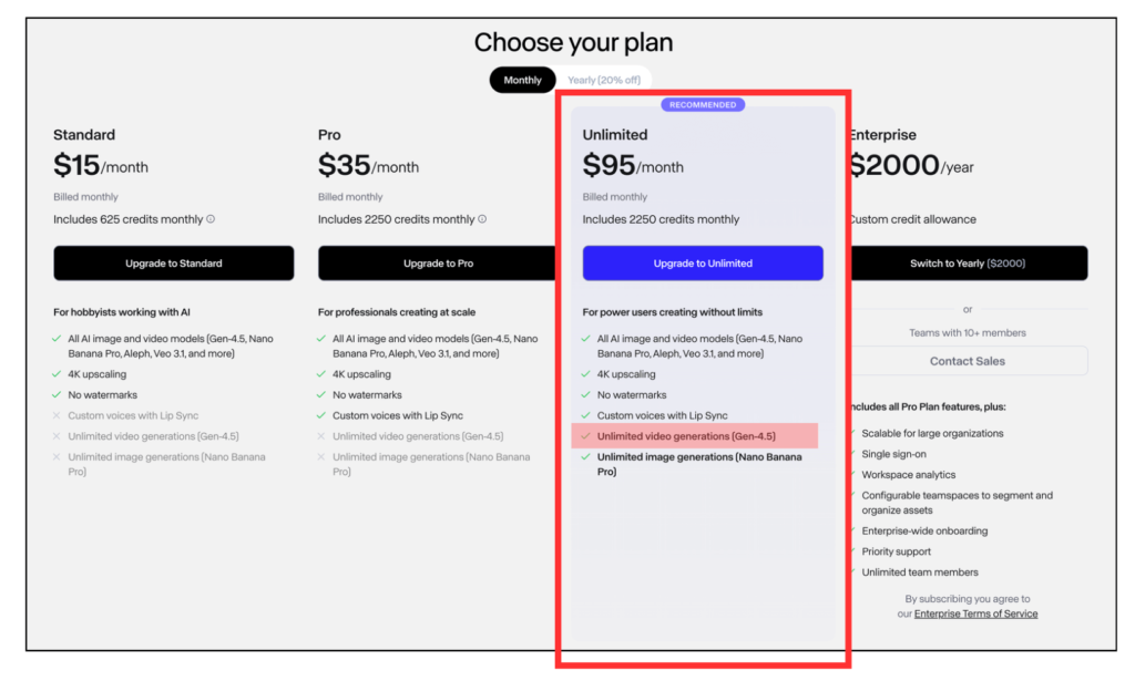 RunwayのUnlimitedプランの料金